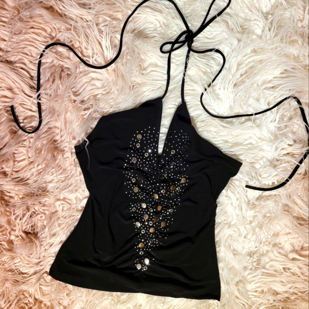 Black Y2K 2000s style halter top with silver embellishments